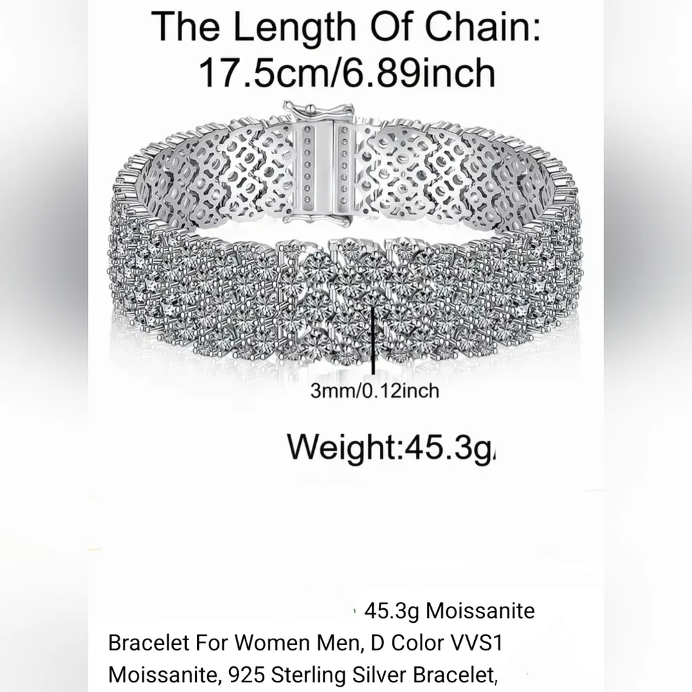 Dazzling 925 Sterling Silver Moissanite Wide Bracelet 6.79" New - Picture 6 of 13